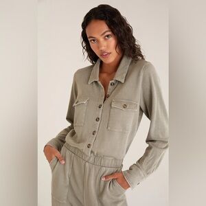 Z Supply Cadet Cargo Long Sleeve Terry Jogger Jumpsuit in Smoke Sage Green XS